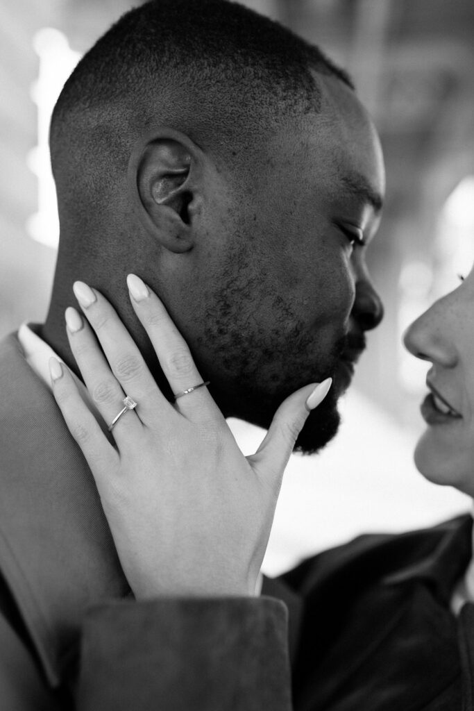 close up engagement ring shot in black and white