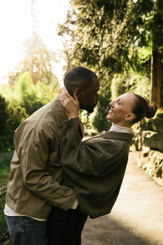 couple almost kissing with nature background